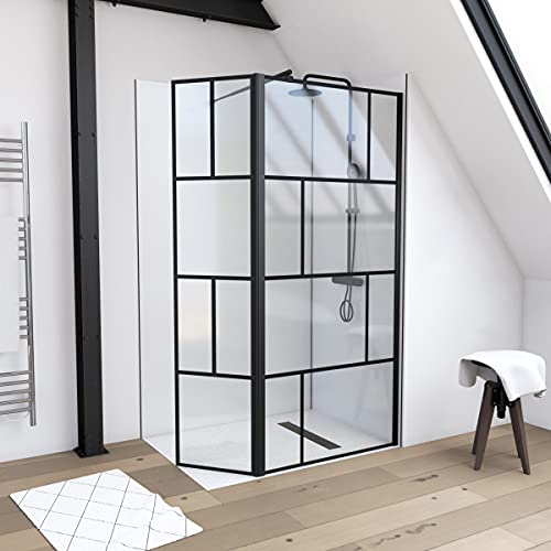 MARWELL Mampara de ducha en diseño moderno 90 + 40 x 195 cm, ducha de cristal con perfil de pared negro mate, cristal de seguridad para una máxima seguridad - Montaje en plato de ducha o azulejo