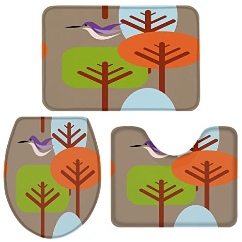 Juego De Alfombras De Baño De 3 Piezas Pájaro Morado En Árbol Azul Verde Rojo Cojín En Forma De U Lavable Alfombrilla De Ducha para Casa, Dormitorio, Ducha