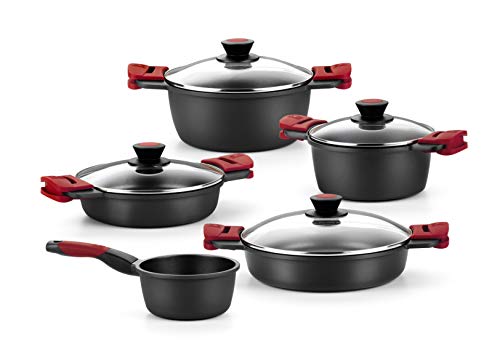 BRA Premiere - Batería 5 piezas de aluminio fundido con antiadherente, apta para todo tipo de cocinas Incluso inducción, Color Negro/Rojo [Amazon Exclusive]