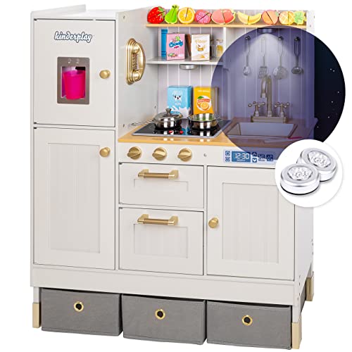 Kinderplay Gran Cocina Juguete Madera para Niños – Dos Niveles de Altura, Iluminación LED, Accesorios, Efectos de Luz y Sonido, Cocina Juguetes de Madera, Modelo GS0060