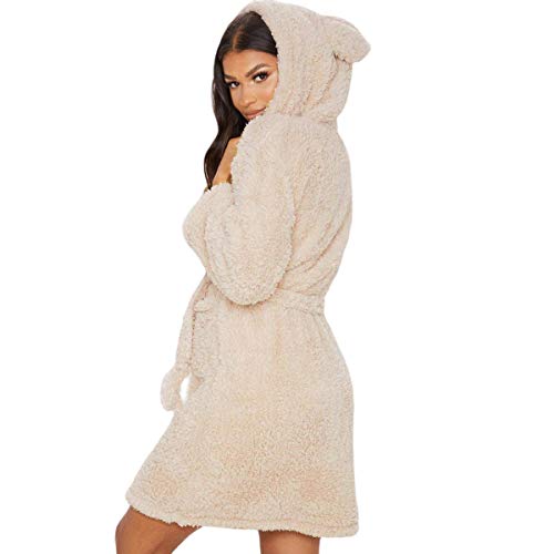 MINASAN Albornoz corto con capucha para mujer – suave albornoz de sauna, bata de noche de forro polar con capucha, caqui, XL