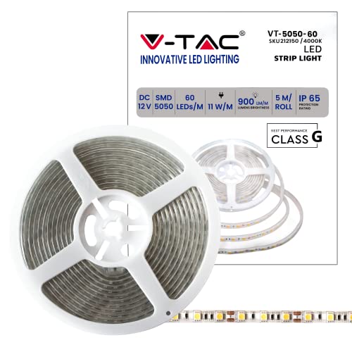 V-TAC Tira LED para Exterior Impermeable IP65-5 Metros 11W SMD 5050-4000K Blanco Neutro - Tira LED Brillante - Tira LED Exterior con Cinta Adhesiva y Flexible para Jardín, Patio, Habitación - 12V