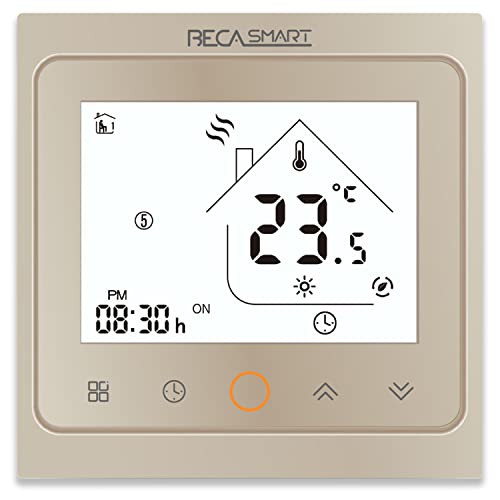 BecaSmart Series 002 Termostato Inteligente Wi-Fi 3A Pantalla táctil LCD Calentamiento de Caldera Control de programación Inteligente con conexión WiFi (Calentador de Calderas, Oro)