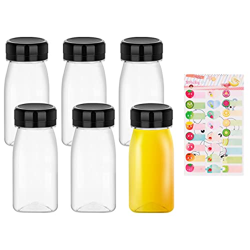 Paquete de 6 botellas de jugo de plástico con 1 etiqueta de fruta, botellas de jugo de plástico con tapas herméticas para almacenamiento de jugo, leche, batidos, bebidas caseras