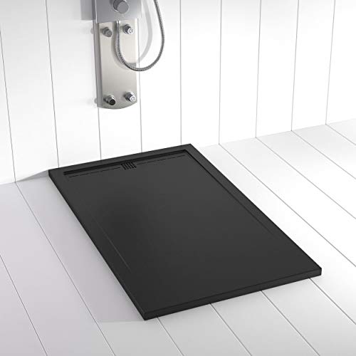 Shower Online Plato de ducha Resina FLOW - 70x150 - Textura Pizarra - Antideslizante - Todas las medidas disponibles - Incluye Rejilla Color Negro y Sifón -Negro RAL 9005