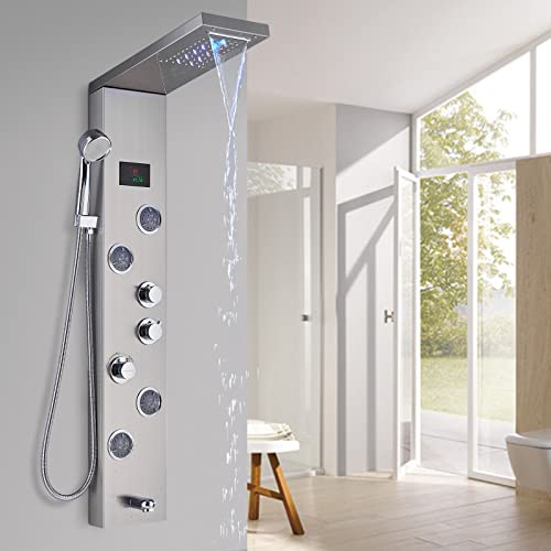 fyheast LED Columna de ducha de acero inoxidable cepillado, sistema de ducha multifunción con 4 potentes chorros de cuerpo con indicador de temperatura LCD