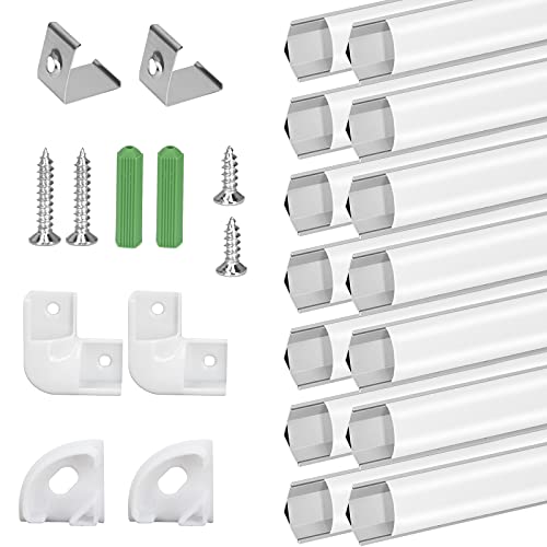 Ykall Perfil de Aluminio, 14 PCS x 1m Perfil Aluminio LED Forma de V, Canal de Aluminio para Tira de LED con Cubierta Blanca Lechosa, Conector de esquina, Los Casquillos de Extremo, los Clips