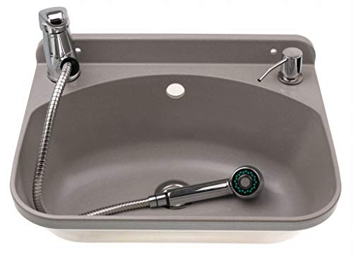 ADGO Fregadero de Cocina para el Hogar con Lavabo de Cámara Profunda con Batería, Grifo y Contenedor Dispensador de Jabón, para Jardín, Hogar, Garaje, Sótano, Baño y Taller, Fábrica, Industrial, Gris