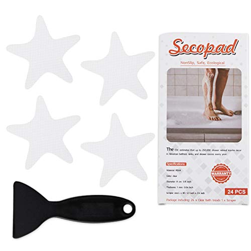 Secopad Pegatinas de ducha antideslizantes 24 piezas de seguridad para bañeras con raspador premium (estrella blanca)