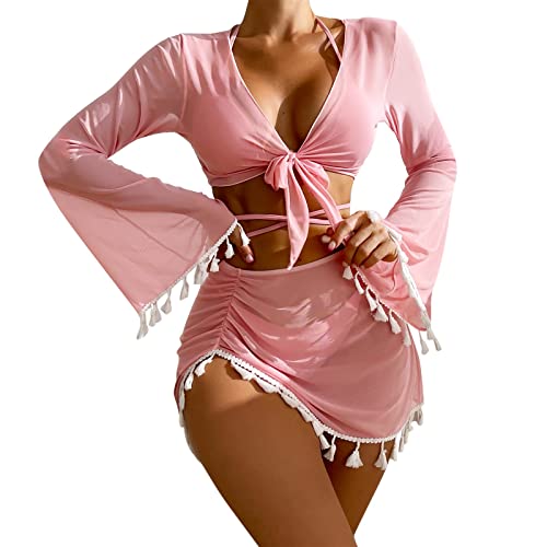 Traje de baño para mujer 2023 con borlas sólidas y elegantes trajes de baño de bikini, juego de cuatro piezas para hombre, reloj digital de plástico, Rosa., L