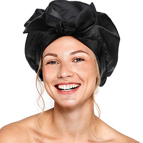 Gorro Reutilizable de Ducha con Lazo Gorro de Ducha Impermeable Gorro de Ducha de Doble Capa con Lazo Sombrero Elástico de Baño para Cubrir Pelo para Niña, Mujer, Salón, Spa, Baño (Negro)