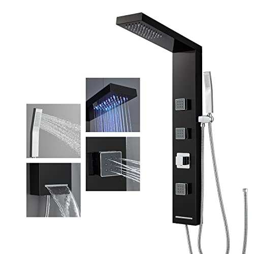 ROVOGO Panel Columna de Ducha Hidromasaje Led Sin Grifería, 4 Funciones: Ducha de lluvia Led, 3 chorros de masaje, ducha y boquilla de baño derrame, acero inoxidable 304, negro