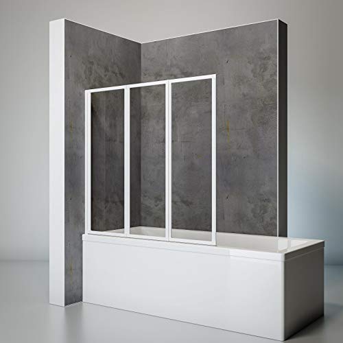 Schulte mampara ducha para bañera 127 x 121 cm, 3 hojas plegables, montaje reversible izquierda derecha, perfil blanco y vidrio 3 mm transparente, D1330 04 50
