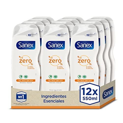 Sanex Zero% Piel Seca, Gel de Ducha o Baño, Hidratante, Pack 12 Uds x 550ml