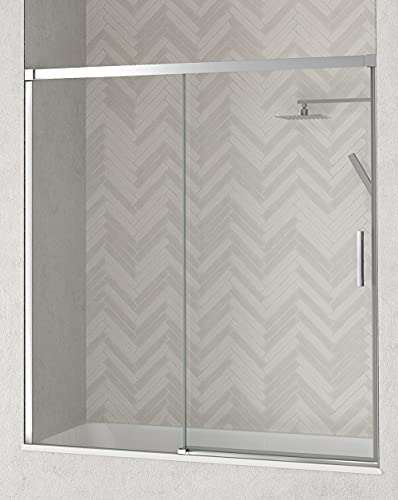 Mampara Bañera Frontal Corredera | Cristal templado de 6mm con ANTICAL | Frente de Bañera de 1 Fijo + 1 Puerta Corredera | Altura 150cm | Color Cromo Brillo Transparente 170 cm (Adaptable 164-169cm)