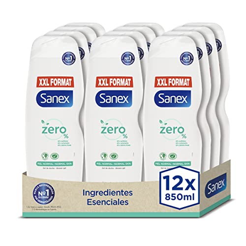 Sanex Zero% Piel Normal, Gel de Ducha o Baño, Hidratante, Pack 12 Uds x 850ml