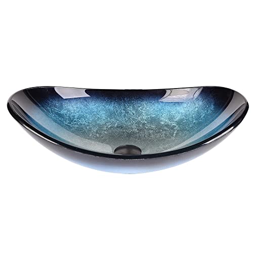 YU YUSING Lavabo para lavabo de cristal, ovalado, sin grifo, baño, cocina, inodoro, moderno, azul, 53 x 35 x 16 cm