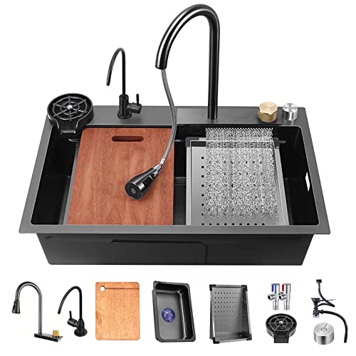 ECTbicyk Fregadero de cocina con cascada de acero inoxidable, fregadero de cocina negro, fregadero con grifo extensible y otros accesorios (68 x 45 cm)