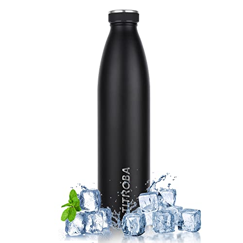 TITIROBA Botella de agua de acero inoxidable, 1 L, termo, a prueba de fugas, doble pared, sin BPA, 24 horas, fría y 12 horas, color negro caliente