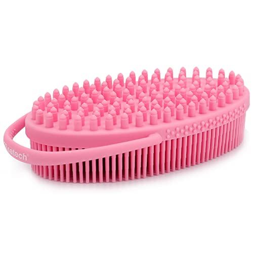 FREATECH Cepillo Corporal Silicona de 2 Caras con Mango Anular, Cepillo de Baño y Ducha Para Exfoliar y Masajear el Cuerpo, Fácil de Sujetar y Colgar, Higiénico y Duradero, Rosado