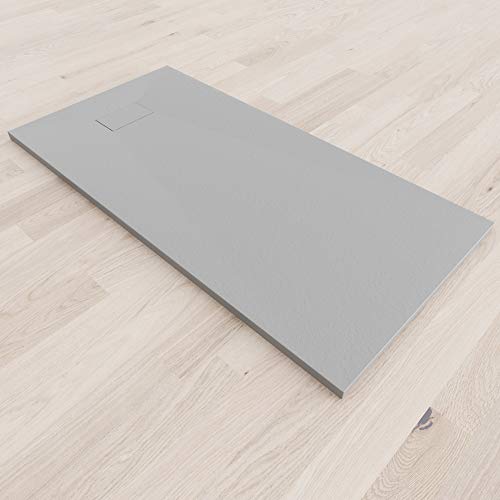 Plato de Ducha 160X80 cm Gris RAL 7030 RESINA SMC Extraplano - Antideslizante TEXTURA PIZARRA - Resistente Duradero Fácil Limpiar - Incluye Válvula desagüe + Rejilla