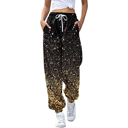 min-bmao Pantalones largos de deporte para mujer, de algodón, de corte holgado, con rayas y bolsillos, dorado, XL