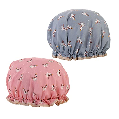 2 Piezas Gorra de Ducha Impermeables Elástico con Doble Capa para Mujeres con Patrón de Unicornio, Reutilizable, para Ducha Balneario Cocina Anti-Humo Viajes Hotel, Azul y Rosa