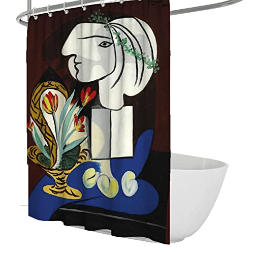 Bywoo Decor Picasso Art Painting Cortina de Ducha Cortinas de Ducha Personalizadas con 12 Ganchos de plástico utilizados para la decoración de la bañera Obra de Arte de la exposición W240xL180cm