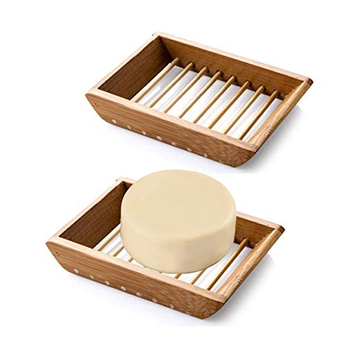 Kaxich Jabonera de madera de bambú con escurridor de jabón, soporte de almacenamiento de jabón para baño, ducha, fregadero, 2 unidades