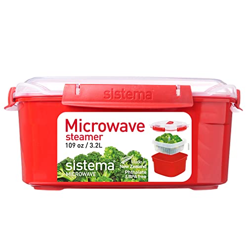 Sistema Vaporera grande de microondas de plástico rojo, 23.9 x 23.9 x 10.9 cm