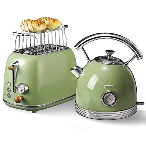 Wiltal Juego de tetera tostadora, hervidor de agua de acero inoxidable, 2200 W, calentamiento rápido, tostadora con accesorio para calentar todo tipo de pan, color verde retro