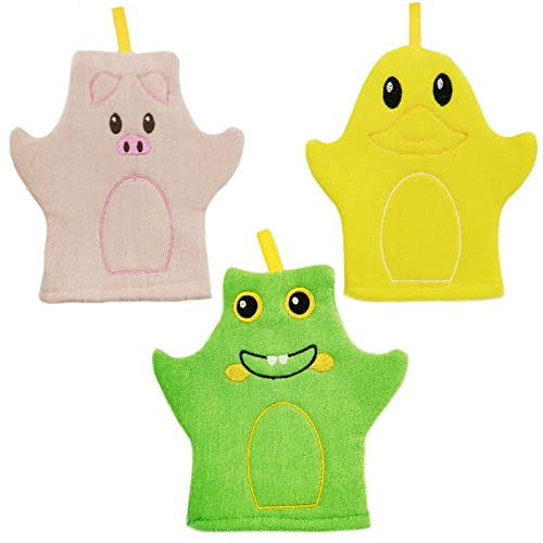 3 Piezas Guantes de Baño de Bebé, Guantes de Paño Diseñado en Bonito Estilo, Animal Lindo Toalla de Algodón, Pato Amarillo para Bebé Niños Baño y Ducha