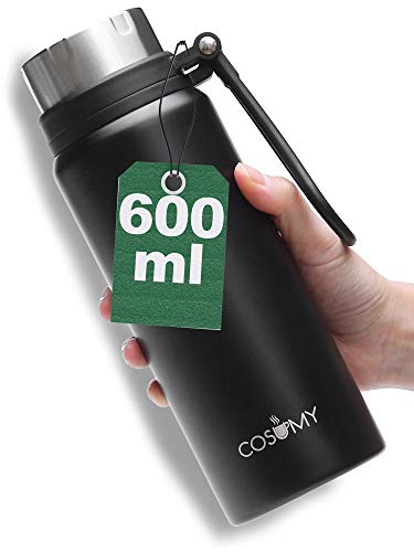 Botella Termica para Llevar Negra - Acero inoxidable - 600 ml - Mantiene el Liquido Caliente - Termo para Cafe
