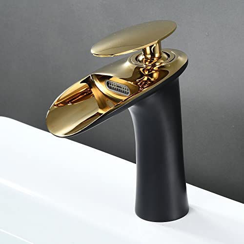 SHUNLI Grifo Lavabo Cascada Negro Oro, Diseño Elegante Grifo Cuarto de Baño, Mezclador Lavabo Grifería Latón, Agua Caliente y Fría Disponible