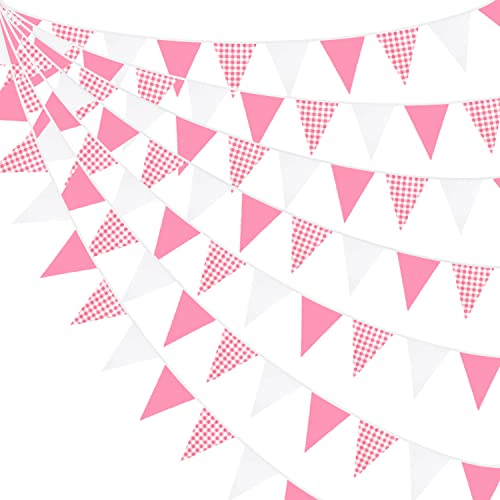 Pink Blume 32Ft Banderines Rose Vif Decoraciones de fiesta Bandera Guirnalda en Triángulo Rosa y Blanco Plaid a Cuadros Banderoles Tela para Boda Cumpleaños Bebé Ducha Fiesta Carnaval Jardín
