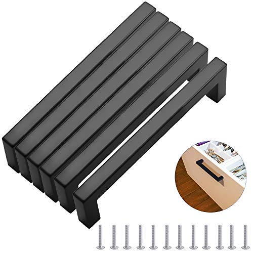 MEEQIAO Tiradores Armario Acero Inoxidable 6pcs Matt Negro, con 12 Tornillos, Manijas de Morden Plaza de Muebles, para Cocinas, Oficina, Cajones, Gabinete, Armario Empotrado