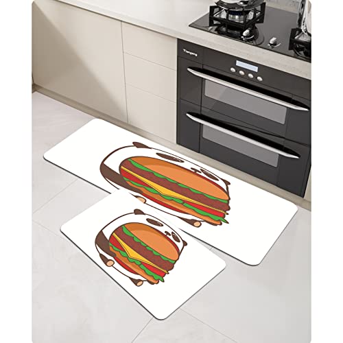 2PCS Alfombras Cocina Goma Alfombra de Baño Ducha ,Hambre Kawaii Almuerzo Pan Hamburguesa Panda Grande Gordo Comer Hamburguesa Enorme Animales Vida Silv,alfombras de Cocina Antideslizantes Lavables