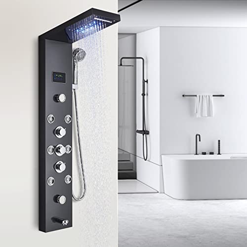LED Columna de ducha de hidromasaje en 304 acero inoxidable panel ducha conjunto con mezclador de masaje, cabezal fijo, ducha y boca bañera 5 funciones para baño negro