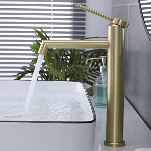 Grifo de lavabo Baño Dorado Cepillado Alto Caño Grifo Lavabo Monomando de Agua Fría y Caliente Grifo de Lavabo SHANFO M4OK-T