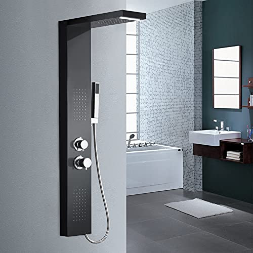 LARS360 Panel de ducha de acero inoxidable 4 en 1, sistema de ducha con ducha de mano, ducha de lluvia, ducha de masaje y ducha cascada, juego de ducha para baño y ducha (panel de ducha negro)