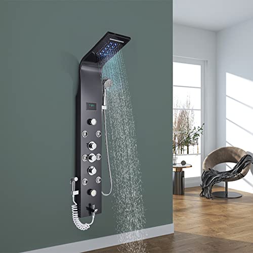 Onyzpily Panel de ducha de acero inoxidable LED ORB negro para ducha, sistema de ducha, ducha de lluvia, alcachofa de ducha, set de ducha, 8 boquillas de masaje
