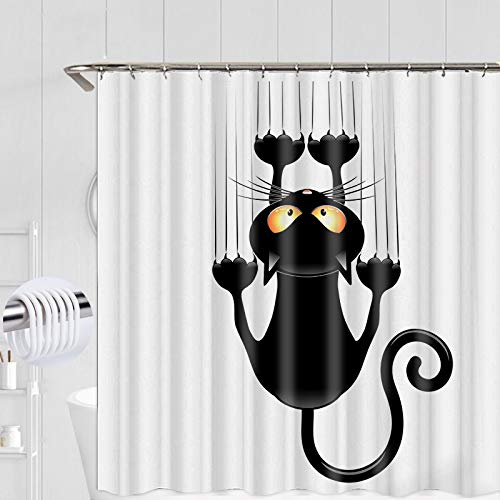 YULUOSHA Cortina de ducha de poliéster con diseño de gato negro, resistente al agua, lavable, antimoho, decoración para cuarto de baño, con ganchos para la ducha, 180 x 180 cm