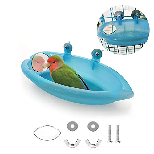 TSHAOUN Pájaro Baño Ducha Limpieza Tina Cuenco Cuenco con Espejo Colgante Baño para PáJaros Pequeños Juguete Accesorios para Loros Periquito Cockatiel Bandeja de Agua para Alimentos (Azul)