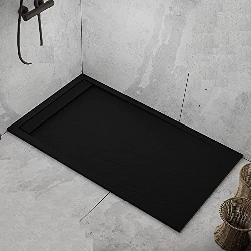 Plato de ducha negro de mineral con efecto pizarra serie Lisboa, 3 cm, revestimiento de gelcoat, antideslizante