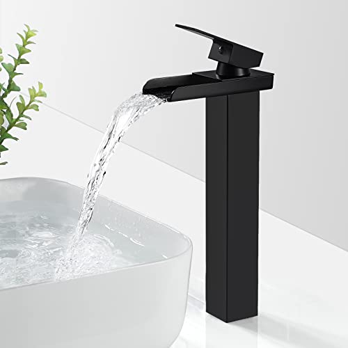 SINKTORY Grifo Lavabo Cascada Negro Alto, Moderno Grifo Lavabo para Baño de Latón, Mezclador Monomando Lavabo con Salida de Agua Alta, Válvula De Cerámica, Agua Fría y Caliente Disponibles, G 3/8