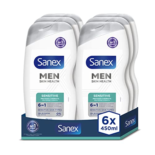 Sanex Men Skin Health Sensitive Care, Gel de Ducha o Baño para Hombre, 6 en 1, Protege e Hidrata, Pack 6 Uds x 475ml