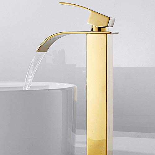Grifo de baño lavabo alto cascada caño para lavabo,Mezclador de agua fría y cal moderno cuadrado cromado agujero simple (dorado)