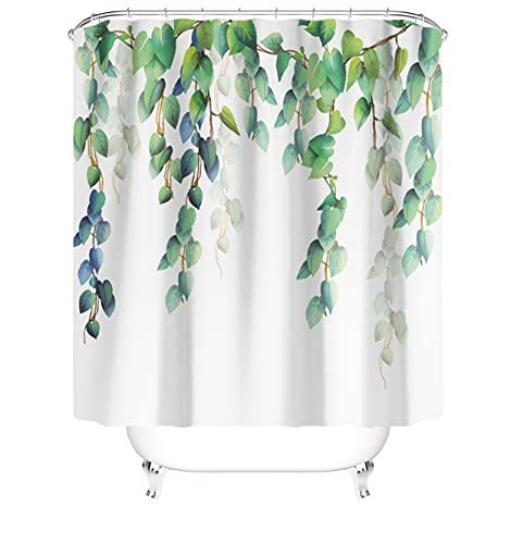 M&W DAS DESIGN Cortina de ducha con plantas verdes, para cuarto de baño, tela resistente al moho, tela lavable, hojas azules, cortina de ducha de poliéster, incluye 12 anillas en C, peso inferior 180