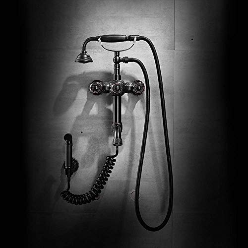 HYY-AA Negro Europea tallado baño antiguo juego de ducha de cobre retro mixta ducha de agua a presión de la válvula de mano sistema de teléfono de modelar con el grifo del bidé Hermosa práctica