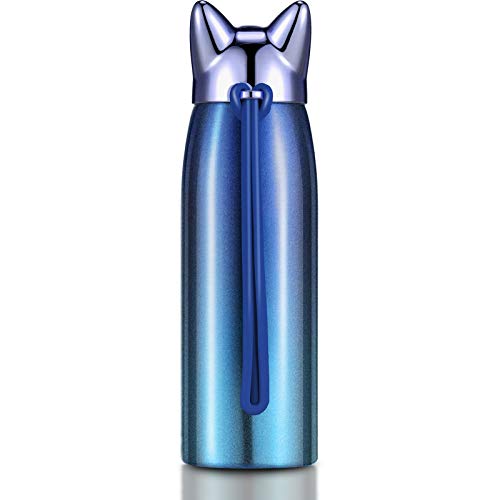 Termo de Gato Lindo Botella de Agua de Acero Inoxidable Botella Térmica Aislada Termo de Vacío Lindo de Viaje para Mujeres y Niños (Azul Marino Profundo)
